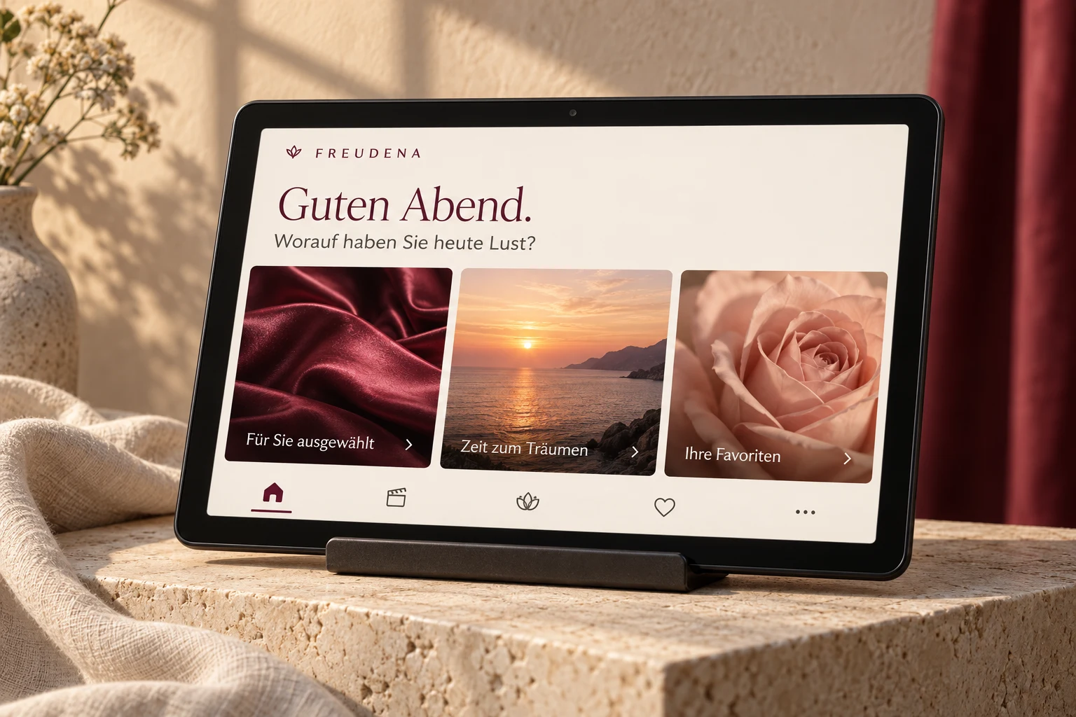 Ein schwarzes Tablet mit einer übersichtlichen Freudena-Beispieloberfläche auf hellem Naturstein im warmen Sonnenlicht